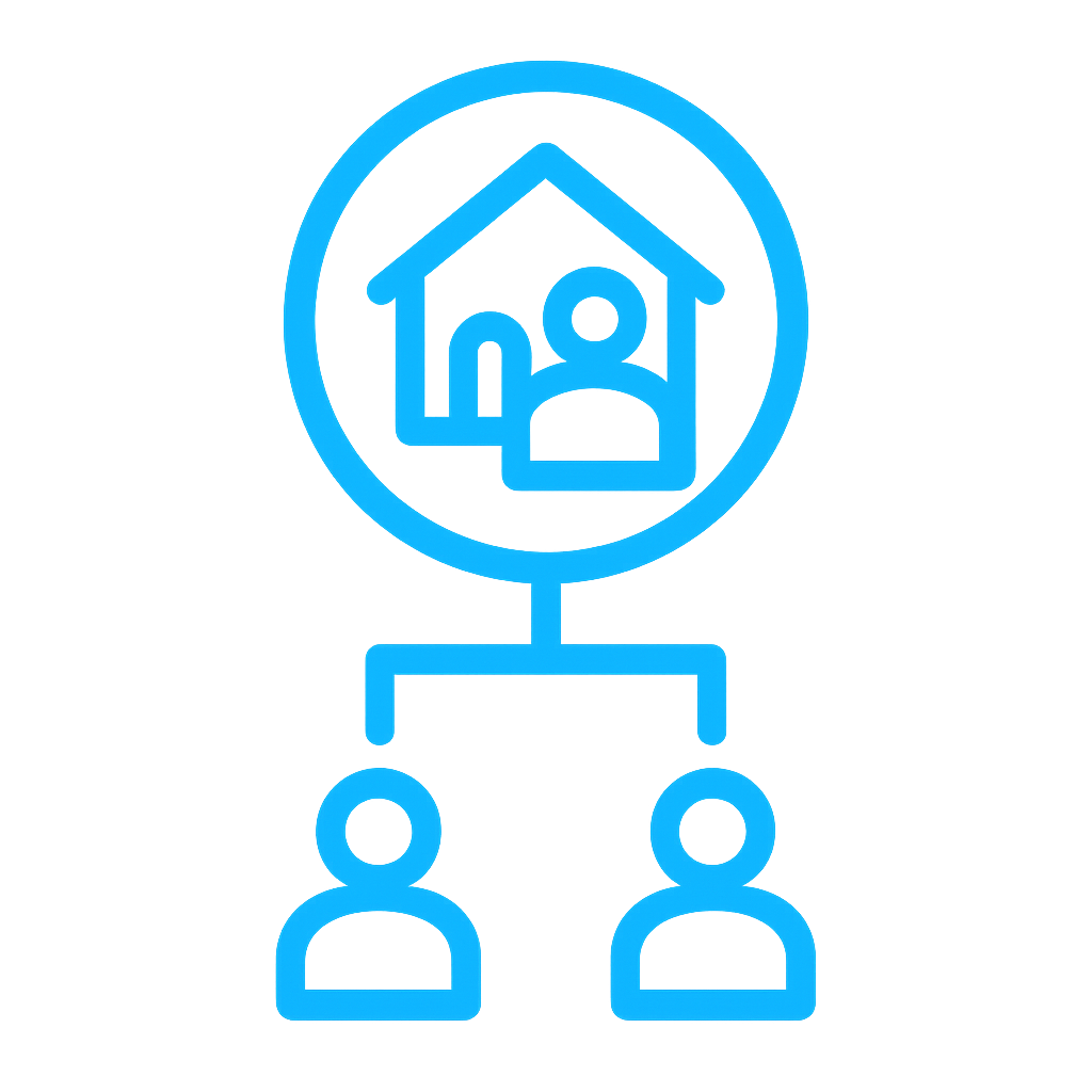 Neon blue icon showing a house within a circle connected to two people, representing a company or look-through company rental ownership structure.