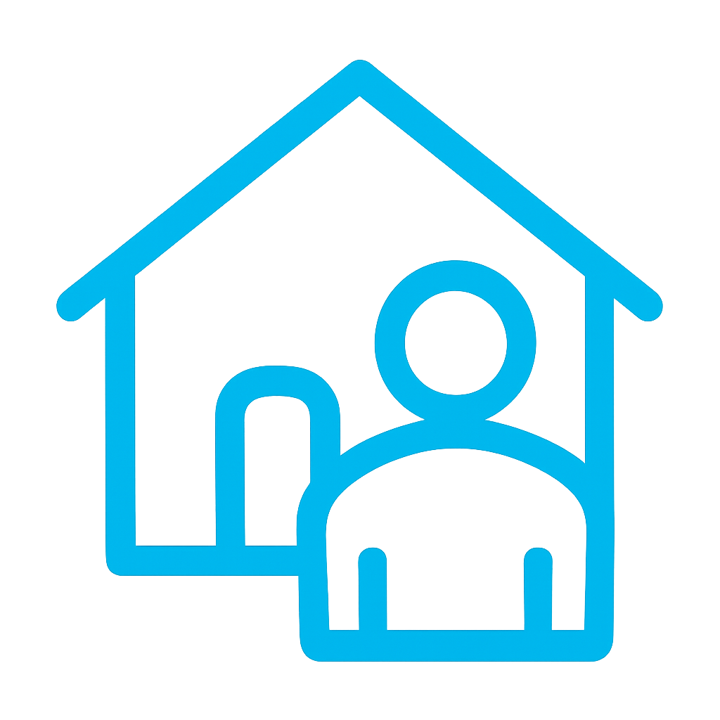 Neon blue icon of a single person inside a house, representing an individual rental property ownership structure.