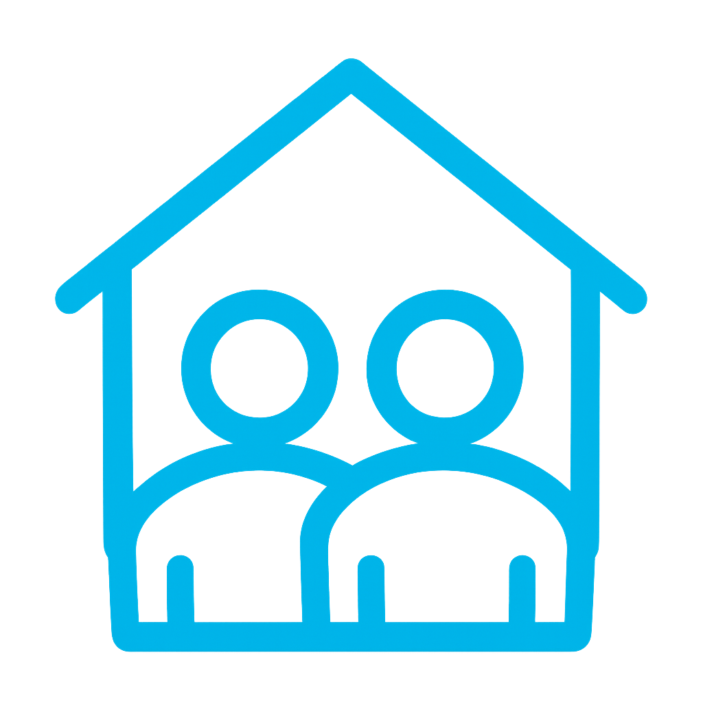 Neon blue icon of two people inside a house, representing a joint rental property ownership structure.