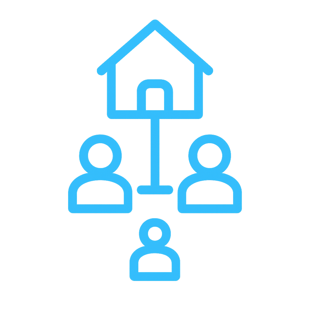 Neon blue icon with a house at the top, two trustees beneath it, and a beneficiary below, representing a trust-owned rental property ownership structure.